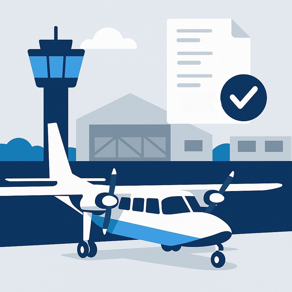 A twin-engined aircraft in the foreground with an ATC tower behind it and an image depicting an application form which has been ticked