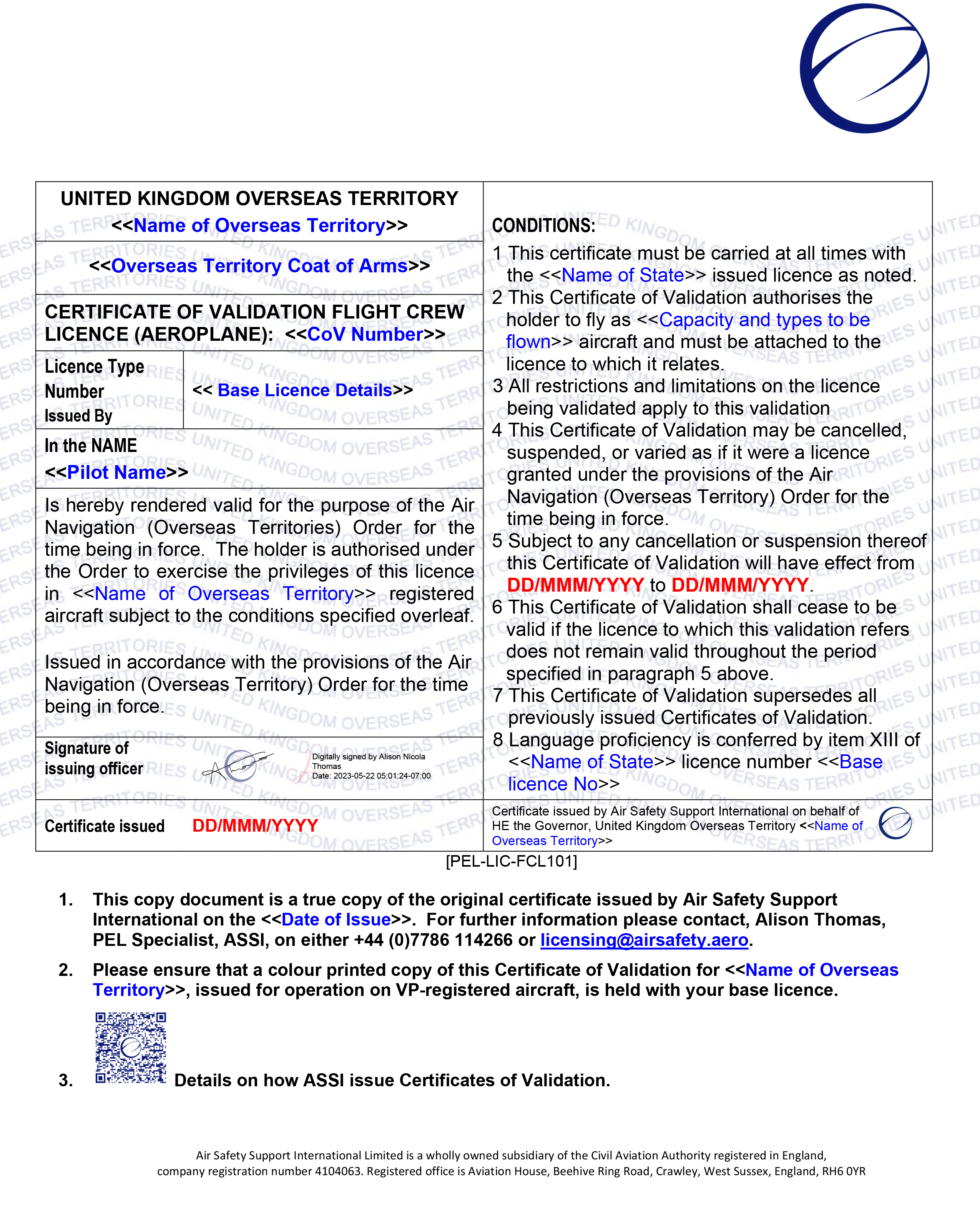 A sample of a Certificate of Validation issued by ASSI